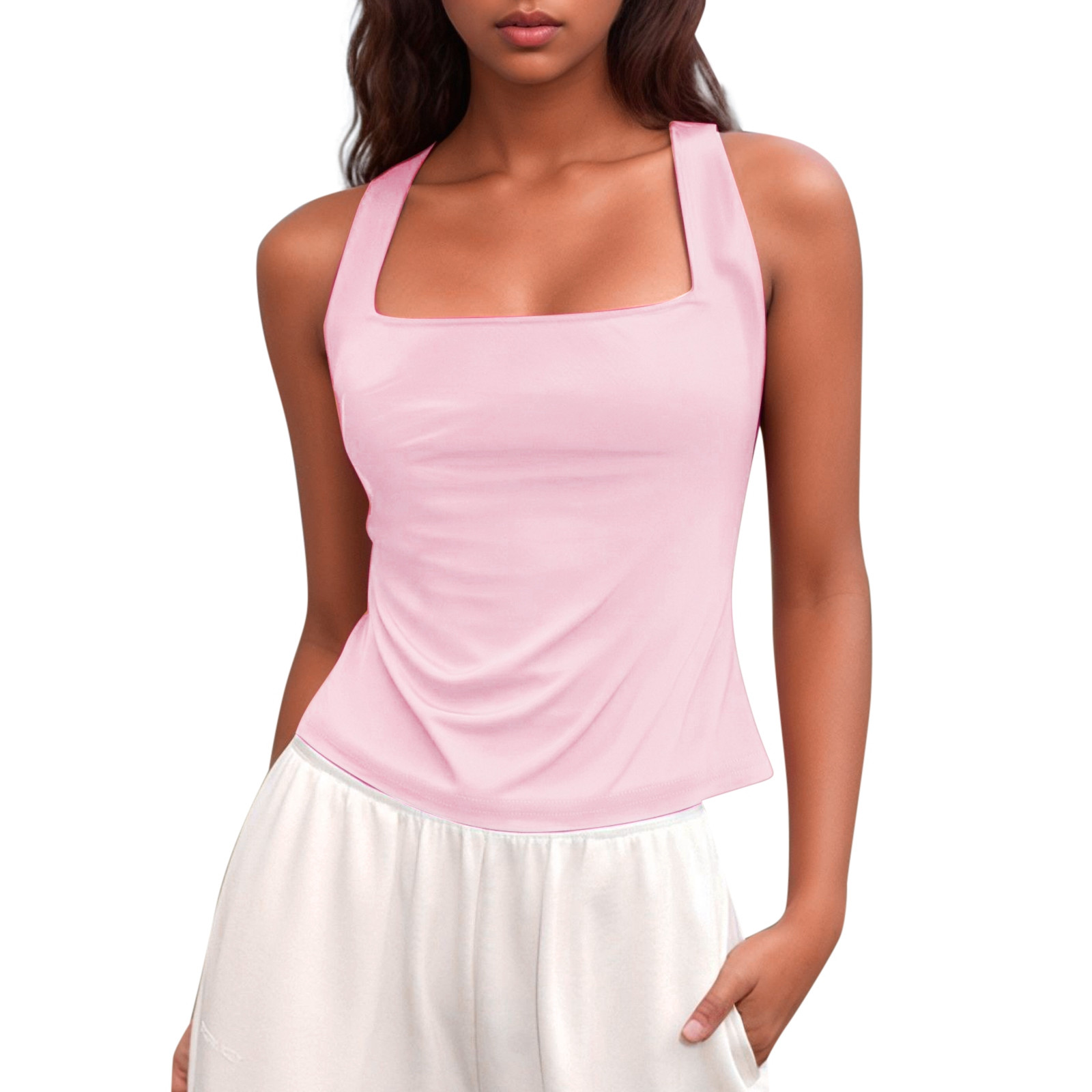 thumbnail image 1 of Camiseta sin mangas de verano ajustada para mujer: sin mangas, color liso, poliéster transpirable, corte ajustado, versátil para combinar con pantalones cortos o faldas., 1 of 5